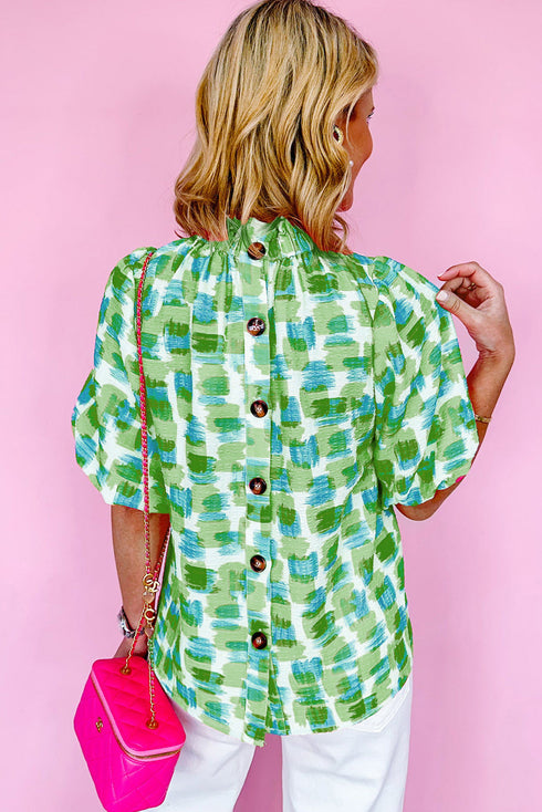 Abstract Print Button Back Ruffed High Neck Blouse
